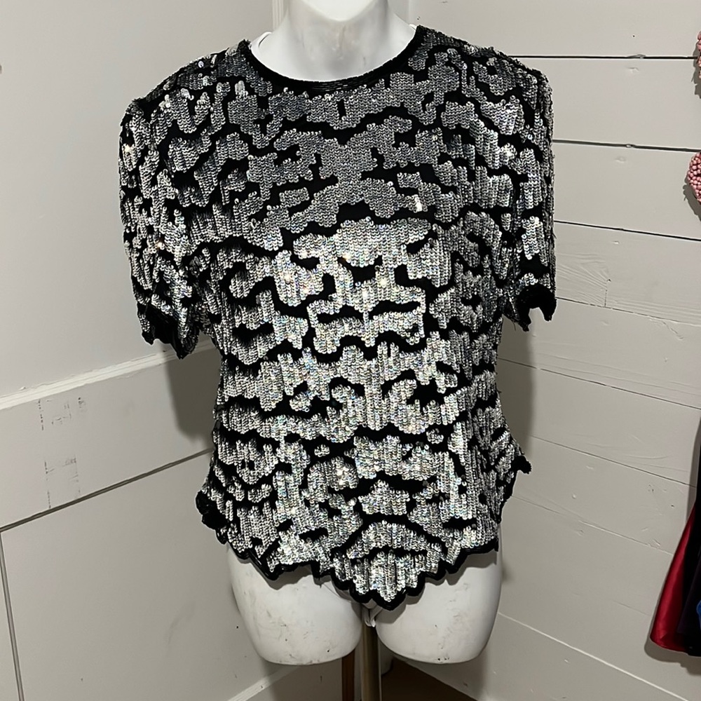 Vintage Laurence Kazar Black Silver Sequined Silk Blouse Top Size L